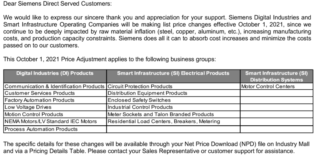 Siemens 2021 Price Increase Notice