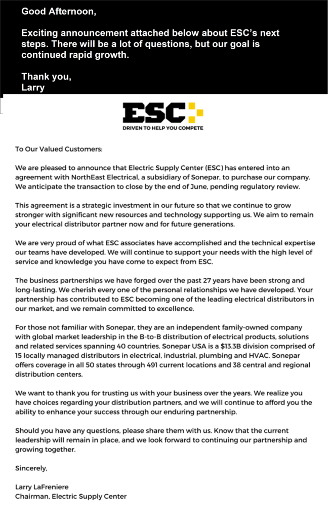 ESC letter to customers